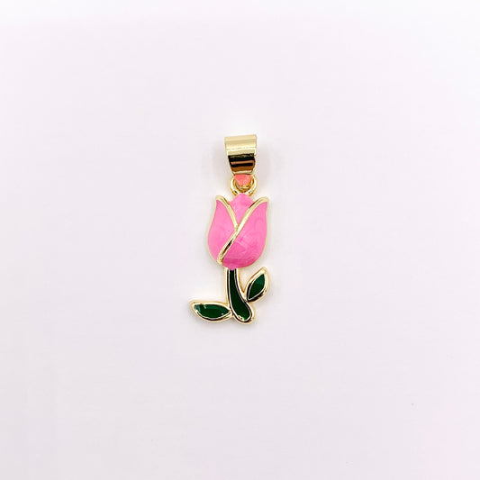 Pink Enamel Rose Flower Pendant With Bail in Real Gold 18K Plated Over Copper 10 PCS