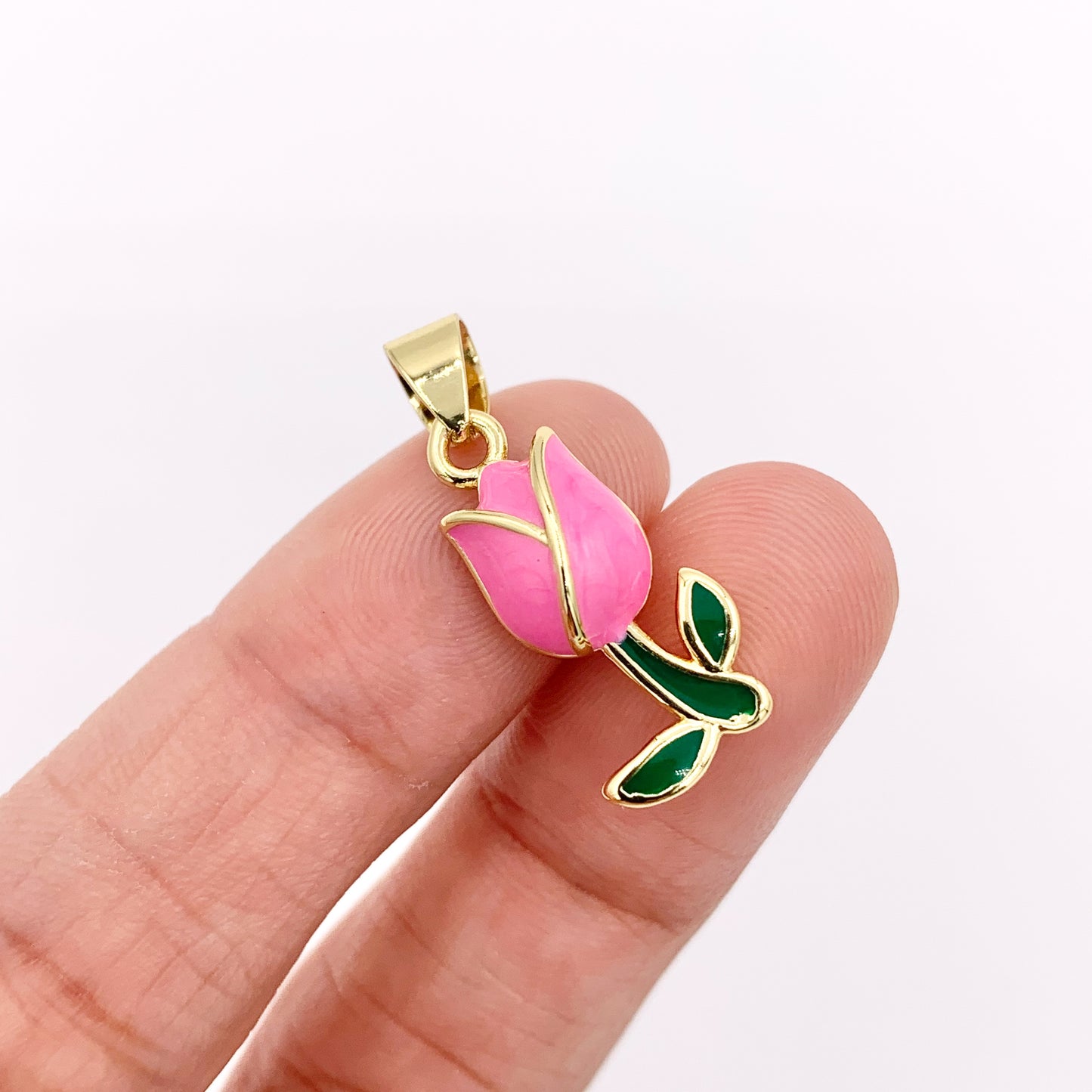 Pink Enamel Rose Flower Pendant With Bail in Real Gold 18K Plated Over Copper 10 PCS