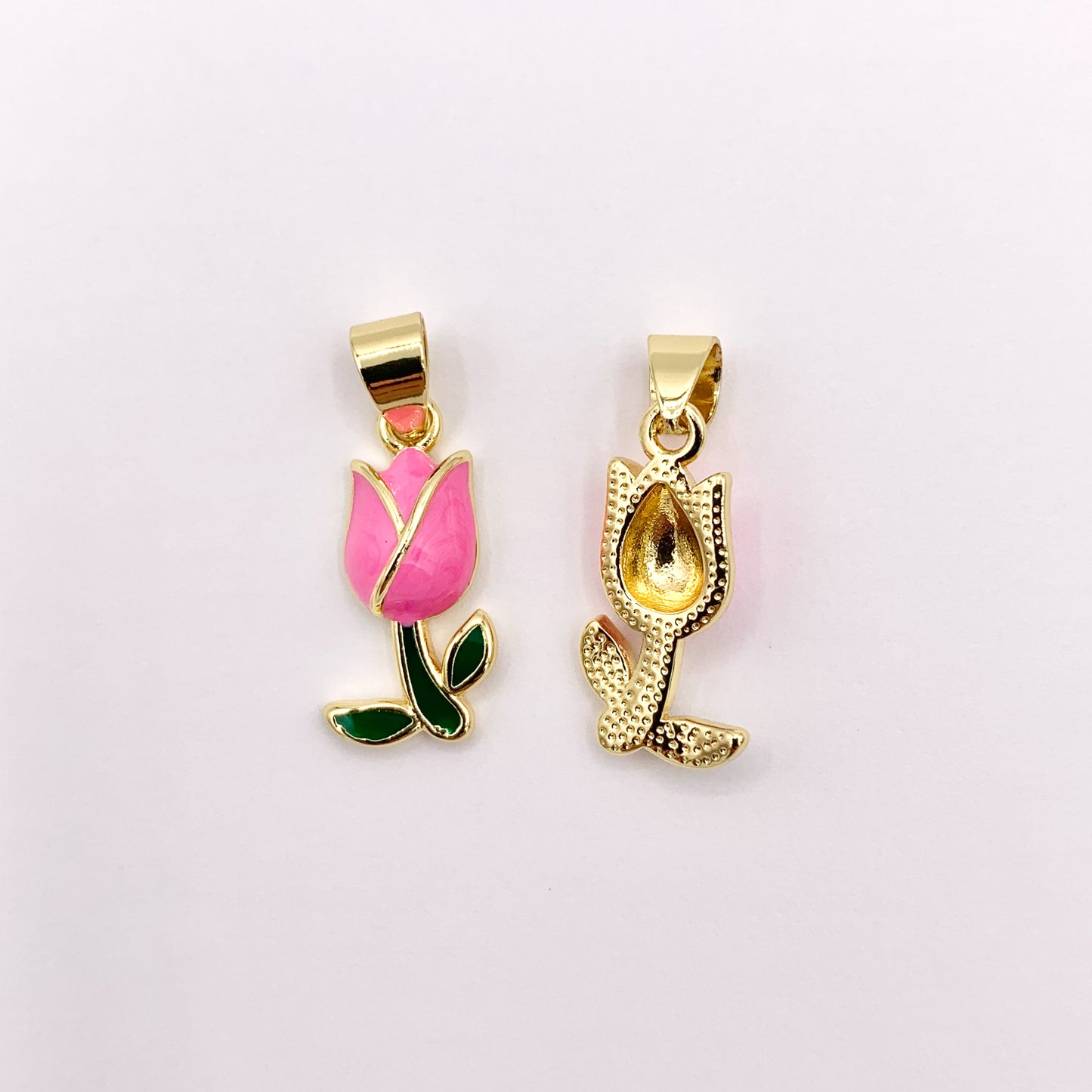 Pink Enamel Rose Flower Pendant With Bail in Real Gold 18K Plated Over Copper 10 PCS