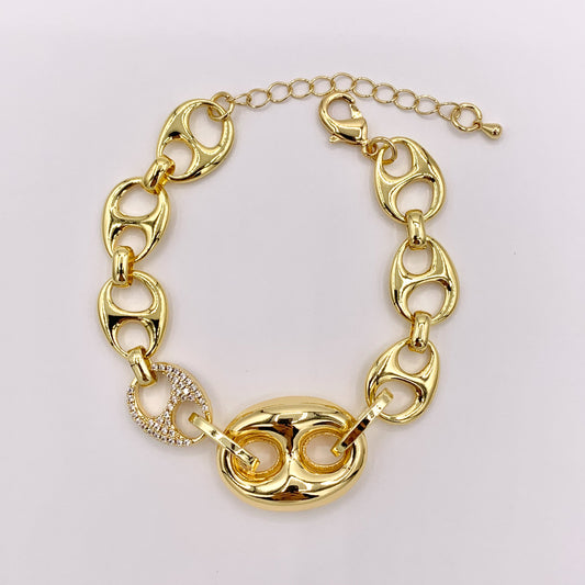 7.5" 18K Gold Plated Coffee Bean/ Puffy Mariner Link Rhinestone Chain Bracelet with 2" Extender 2PCS