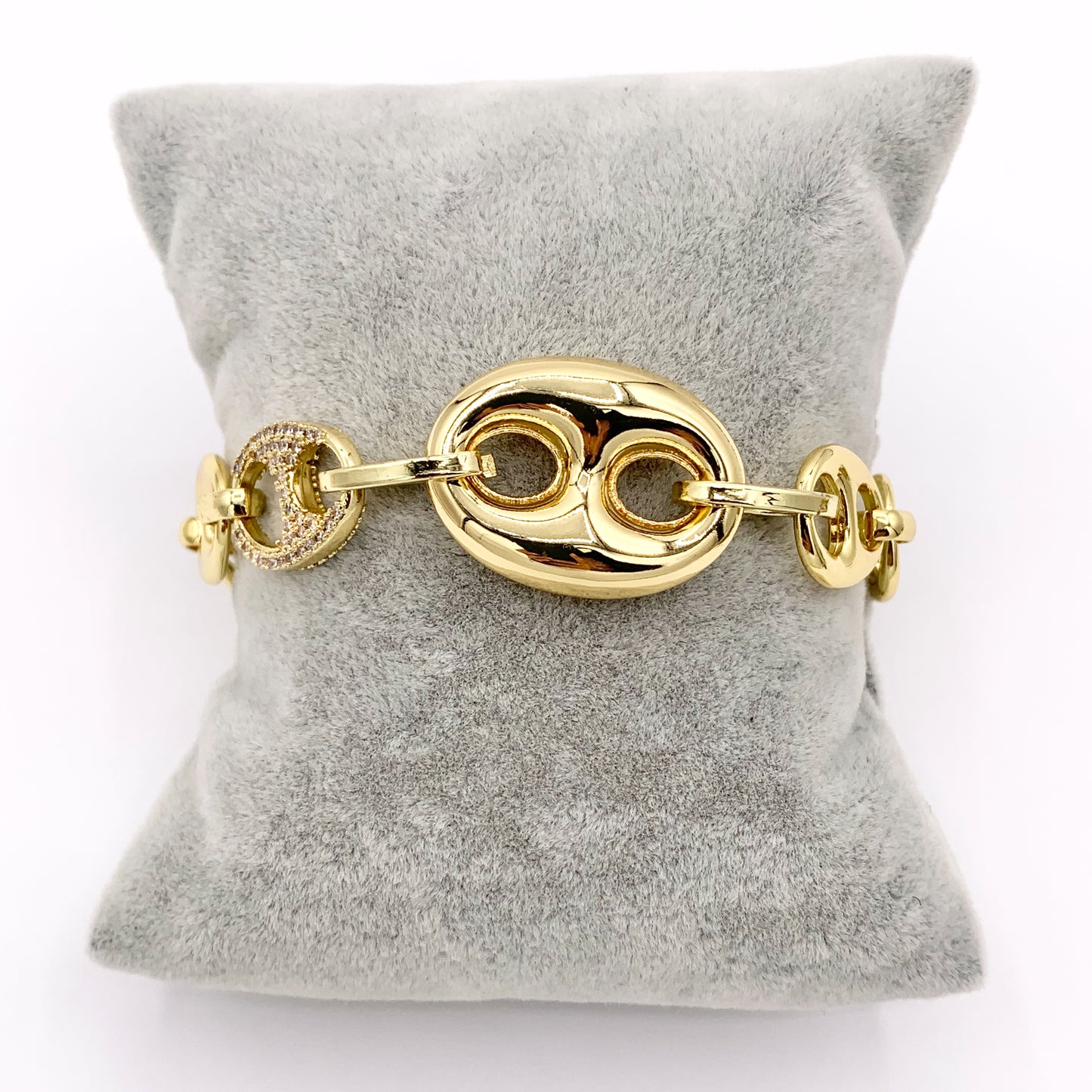 7.5" 18K Gold Plated Coffee Bean/ Puffy Mariner Link Rhinestone Chain Bracelet with 2" Extender 2PCS
