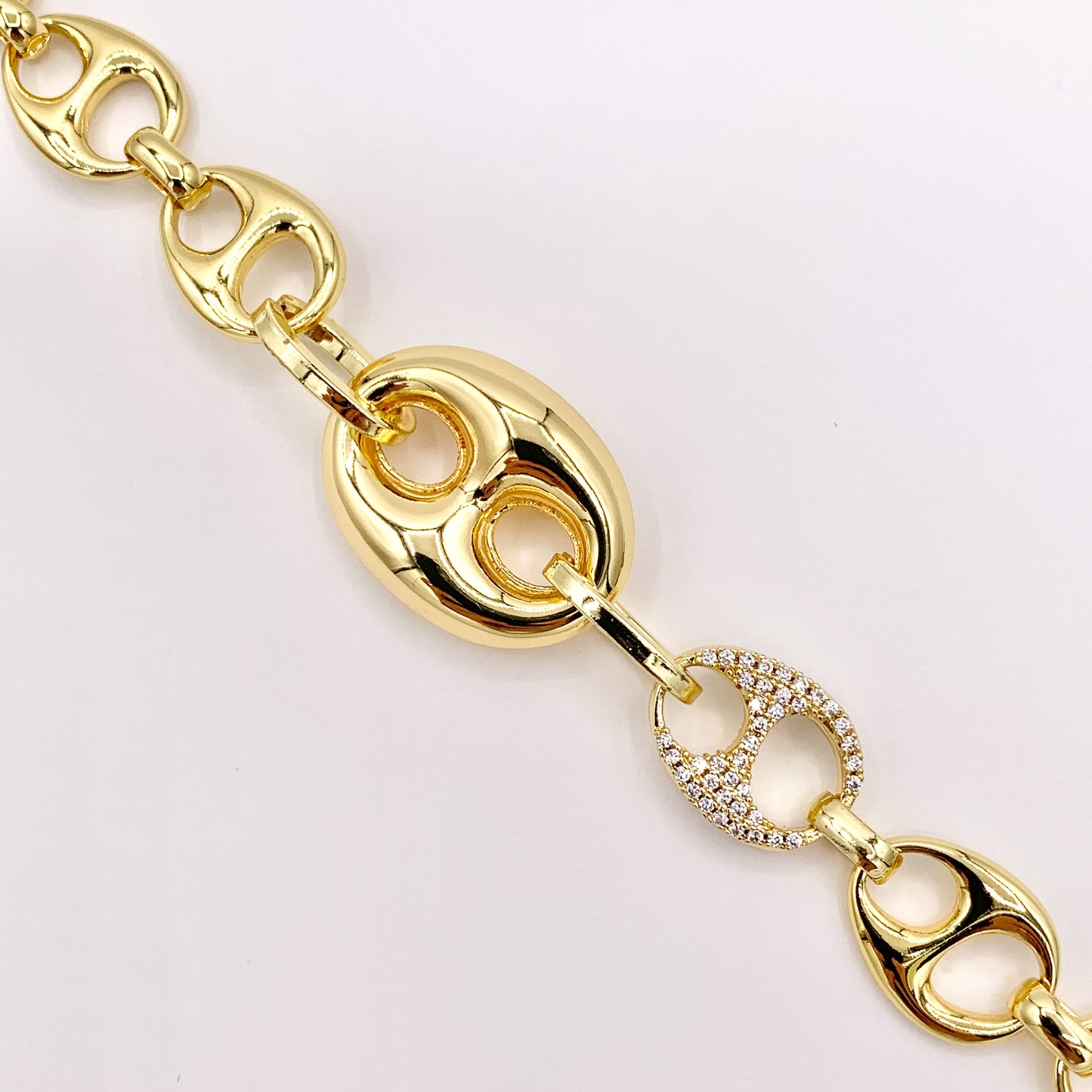 7.5" 18K Gold Plated Coffee Bean/ Puffy Mariner Link Rhinestone Chain Bracelet with 2" Extender 2PCS