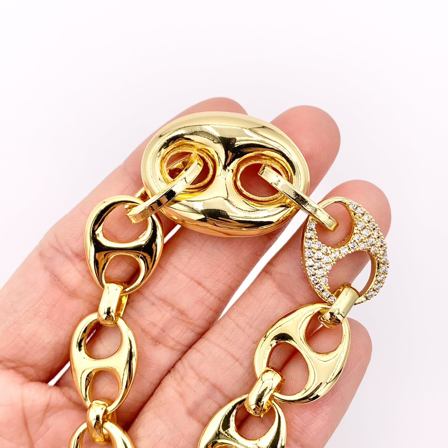 7.5" 18K Gold Plated Coffee Bean/ Puffy Mariner Link Rhinestone Chain Bracelet with 2" Extender 2PCS