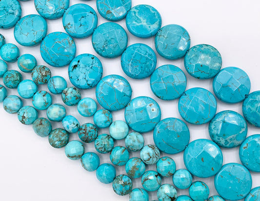 8mm & 15mm Natural Magnesite Dyed Turquoise Blue Color Faceted Coin Beads 1 Strand Around 15"