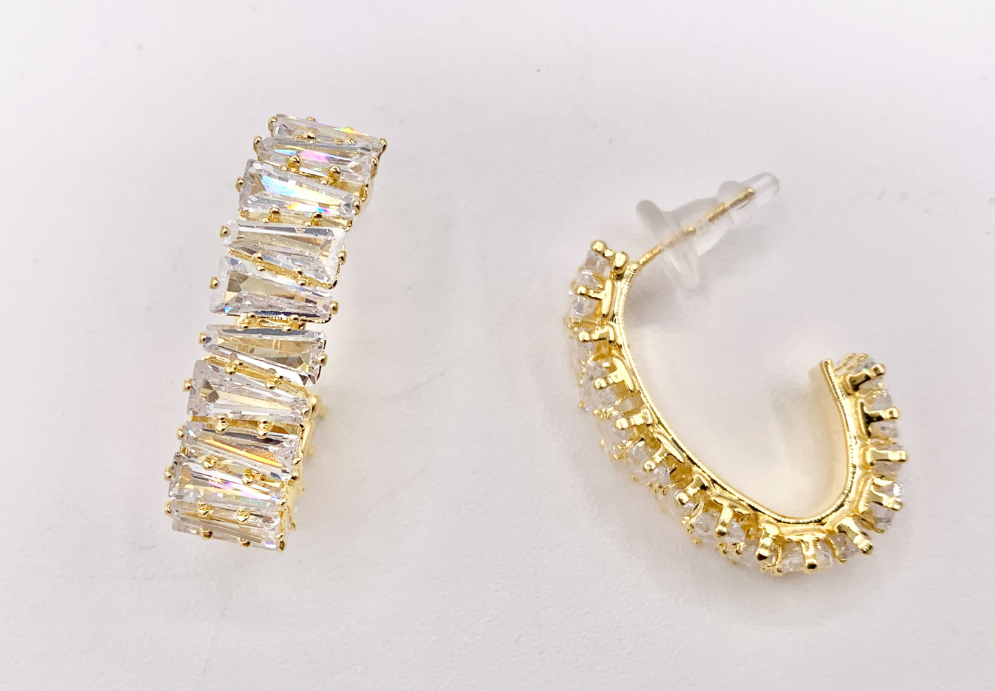 Trendsetting Unique Curve Link CZ Pave Baguette Hoop Earrings in 18K Gold Plated Copper 2 PAIRS