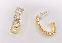 Load image into Gallery viewer, Trendsetting Unique Curve Link CZ Pave Baguette Hoop Earrings in 18K Gold Plated Copper 2 PAIRS
