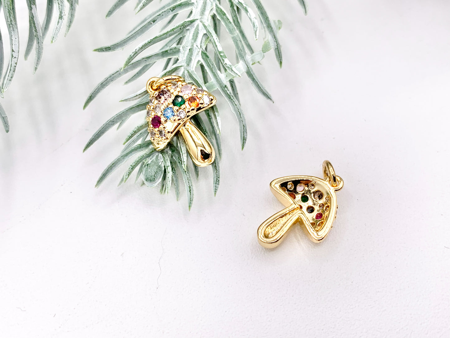 Cute Tiny Multicolor CZ Mushroom Charm in Real Gold 18K Plated Micro CZ Over Brass 8 PCS