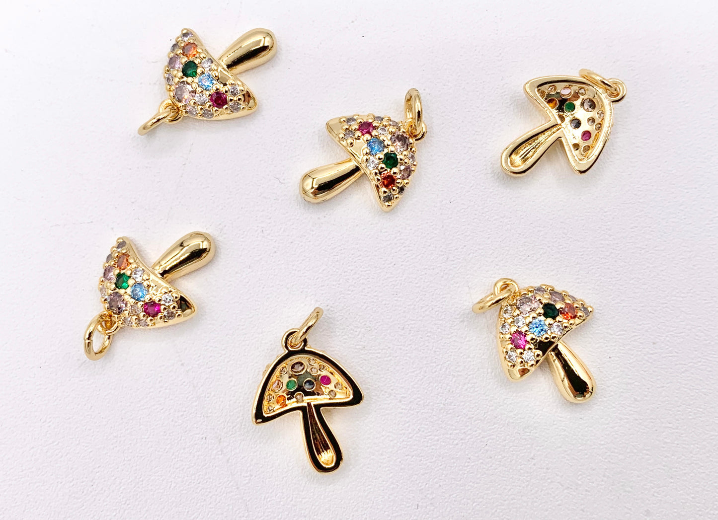 Cute Tiny Multicolor CZ Mushroom Charm in Real Gold 18K Plated Micro CZ Over Brass 8 PCS
