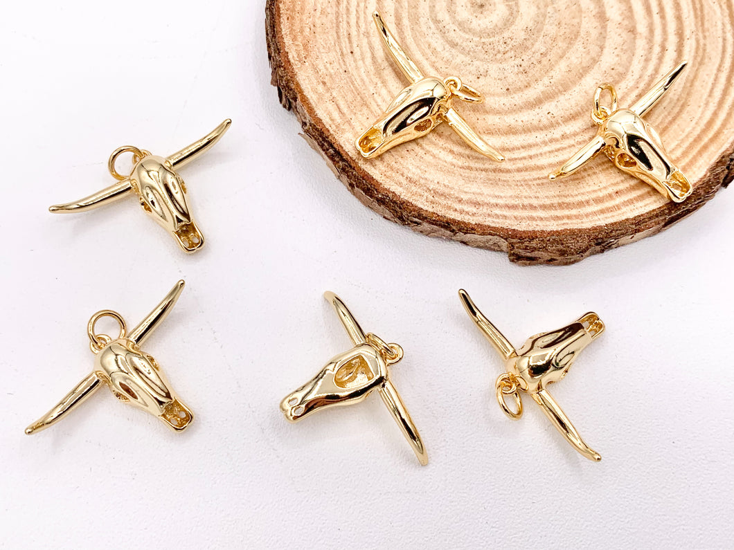 25x16mm Long Horn Steer Head Pendants Small Bull Head Charms in 18K Gold Plated Copper 8 PCS