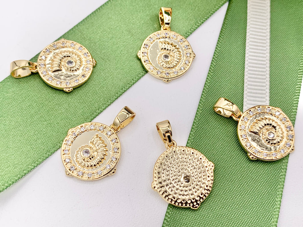 Cute CZ Pave Conch Shell Coin Charms Pendants Plated in 18K Gold Copper Base 8 PCS