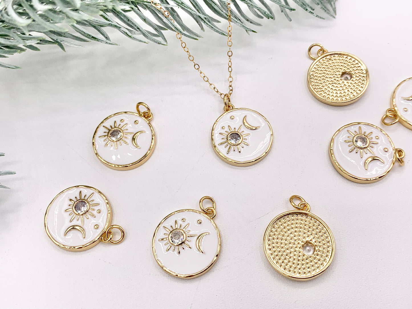 White Enamel Coin CZ Sunburst and Moon Crescent Charms in Real Gold 18K Plated CZ Pave Over Brass 8 PCS
