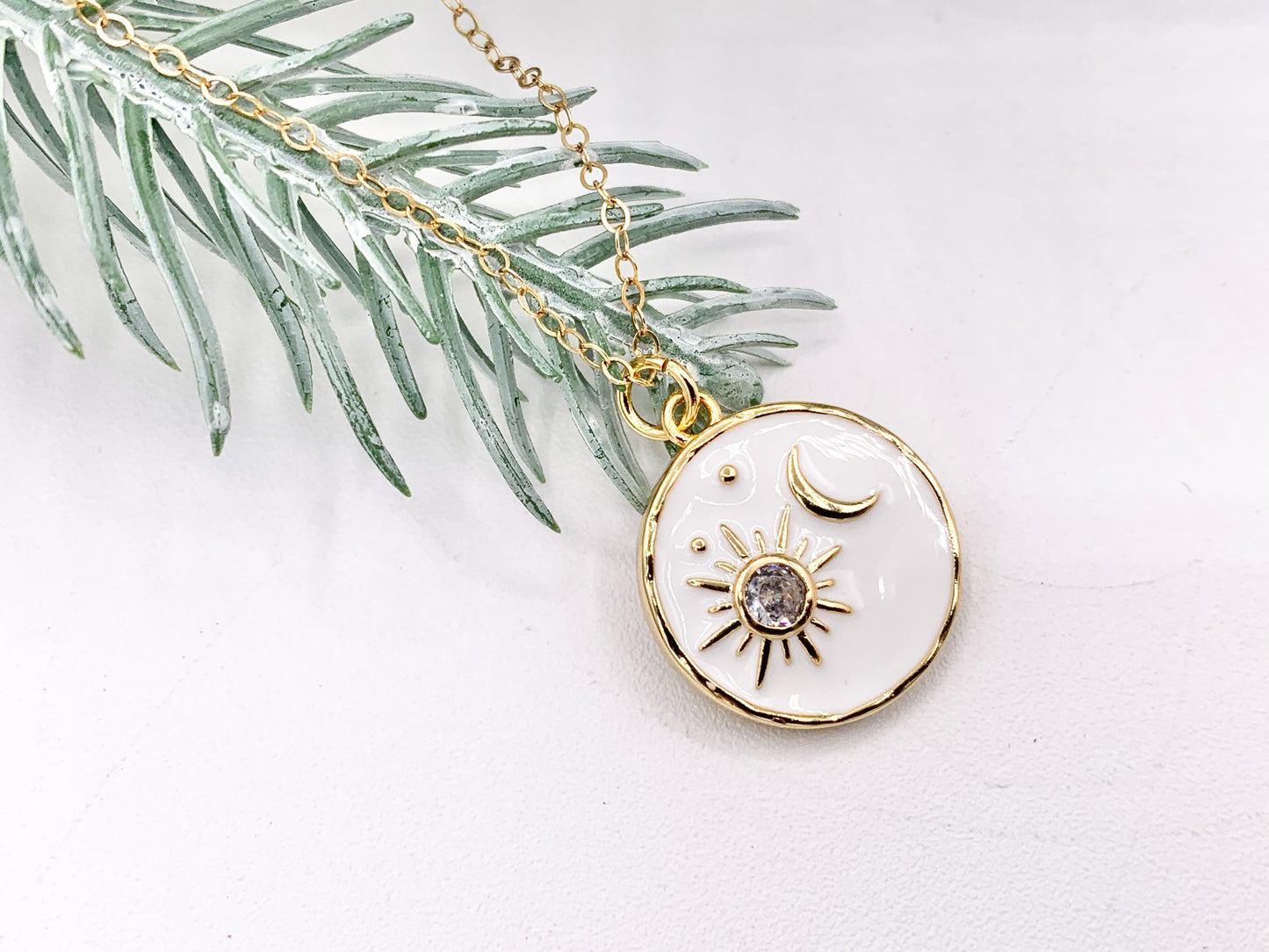 White Enamel Coin CZ Sunburst and Moon Crescent Charms in Real Gold 18K Plated CZ Pave Over Brass 8 PCS