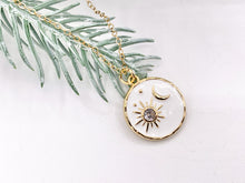 Cargar imagen en el visor de la galería, White Enamel Coin CZ Sunburst and Moon Crescent Charms in Real Gold 18K Plated CZ Pave Over Brass 8 PCS
