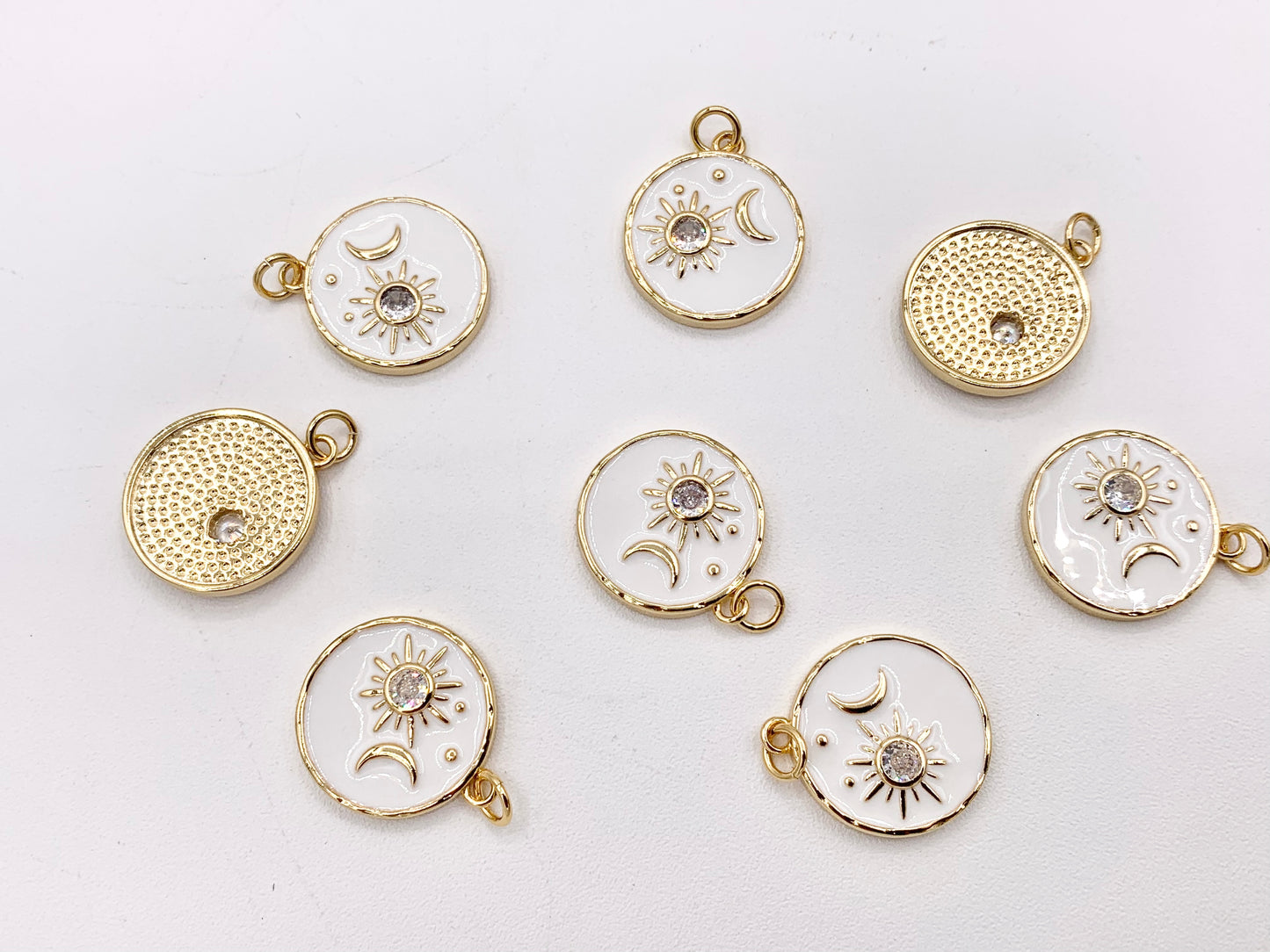 White Enamel Coin CZ Sunburst and Moon Crescent Charms in Real Gold 18K Plated CZ Pave Over Brass 8 PCS