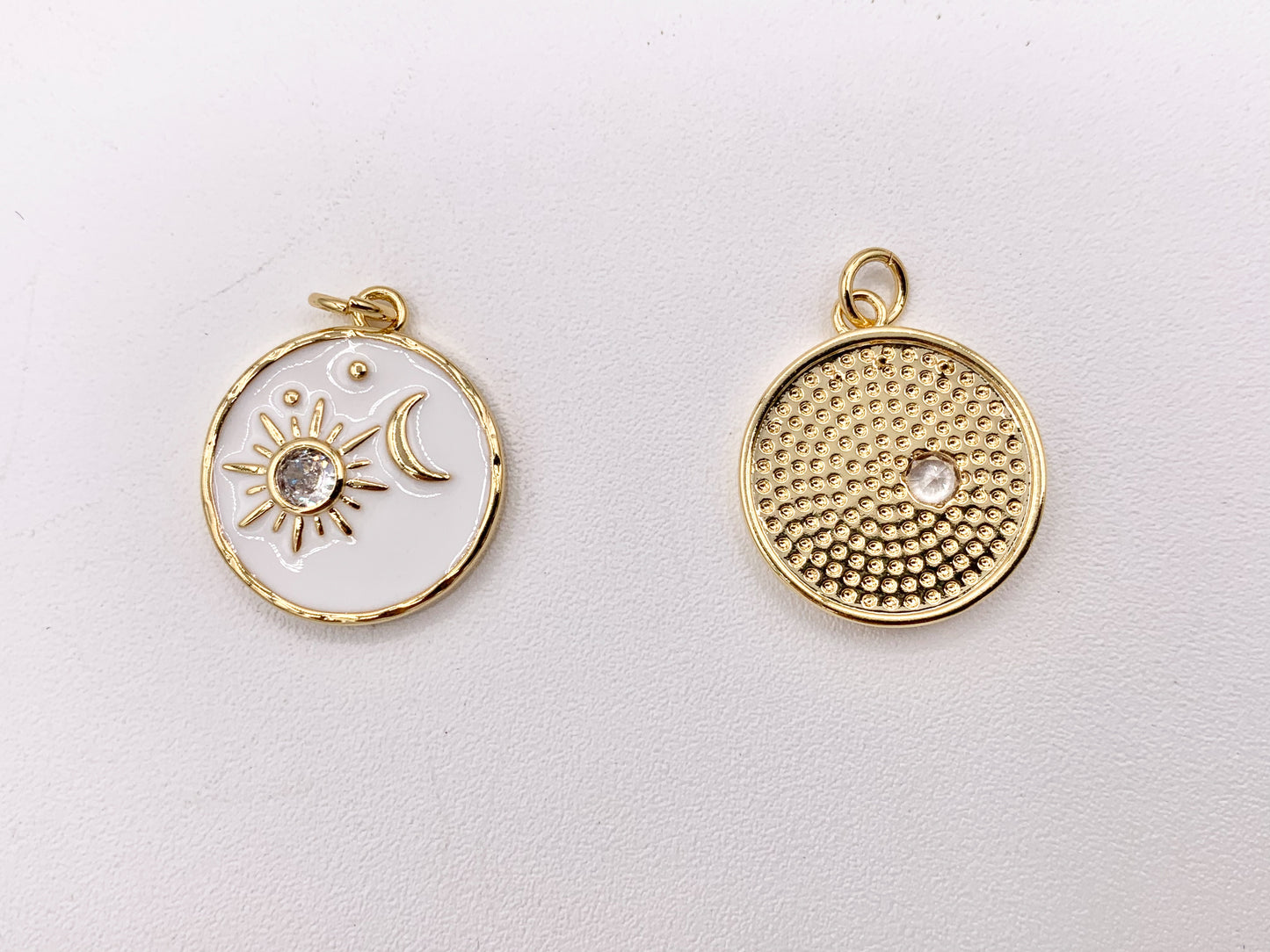White Enamel Coin CZ Sunburst and Moon Crescent Charms in Real Gold 18K Plated CZ Pave Over Brass 8 PCS