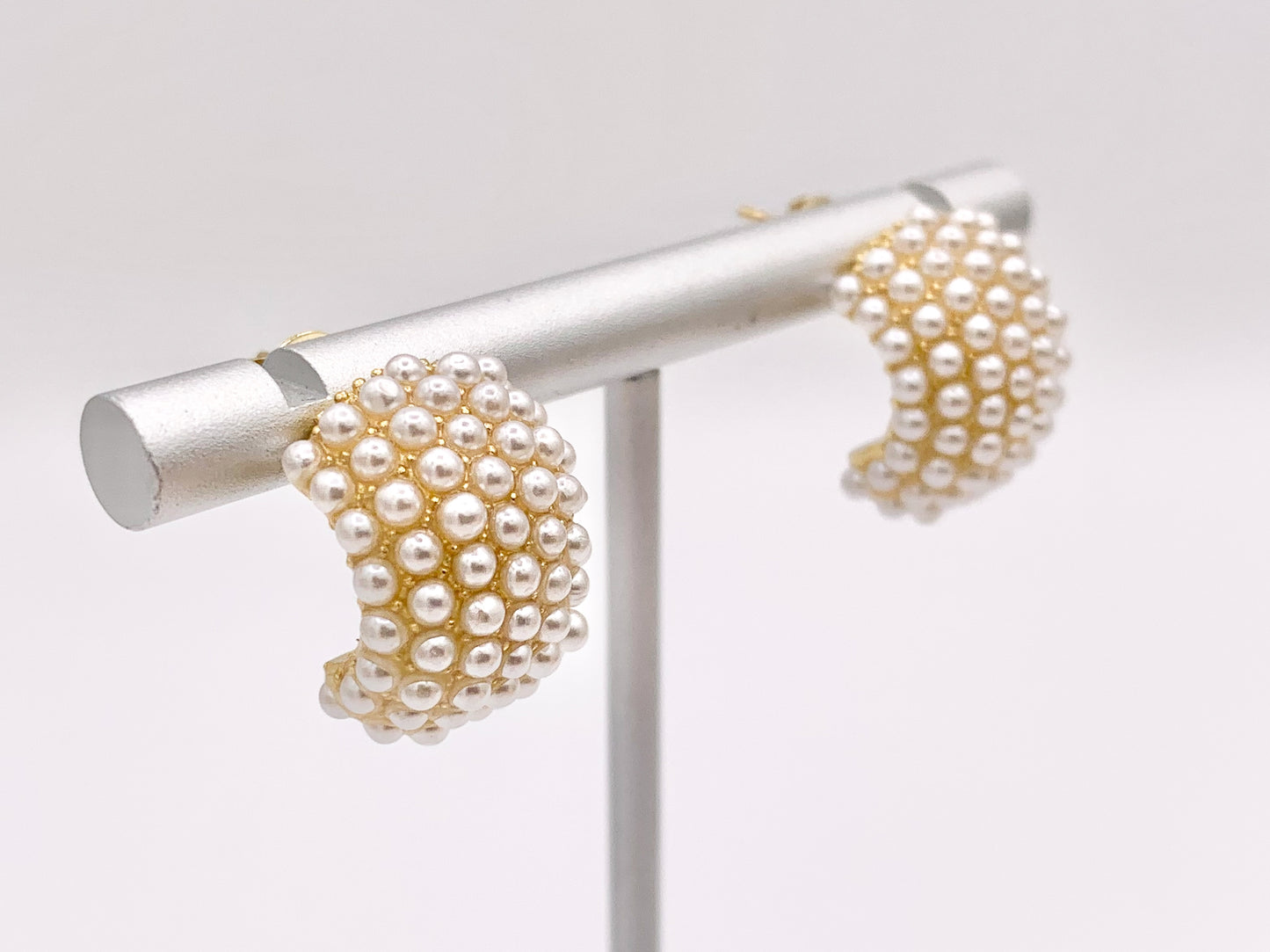 Pearl Earring Half Curved Hoop in Real Gold 18K Over Copper 3 PAIRS