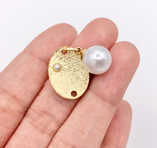 14x19mm Pewter Matte Gold Oval Charm with Imitation Pearl 10 PCS