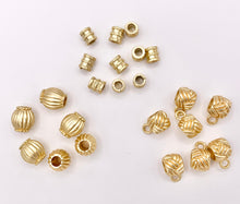 Cargar imagen en el visor de la galería, Pewter Matte Gold Spacer Beads Small Space Beads in 3 Styles Tube Spacers Pumpkin Spacers Charm Holder Spacers
