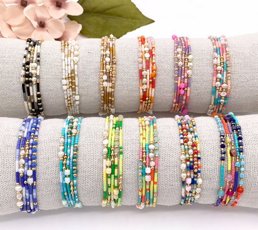 Dainty Miyuki Seed Beads Stretchy Bracelet with Freshwater Pearls & Shells 1 piece Around 6.5"