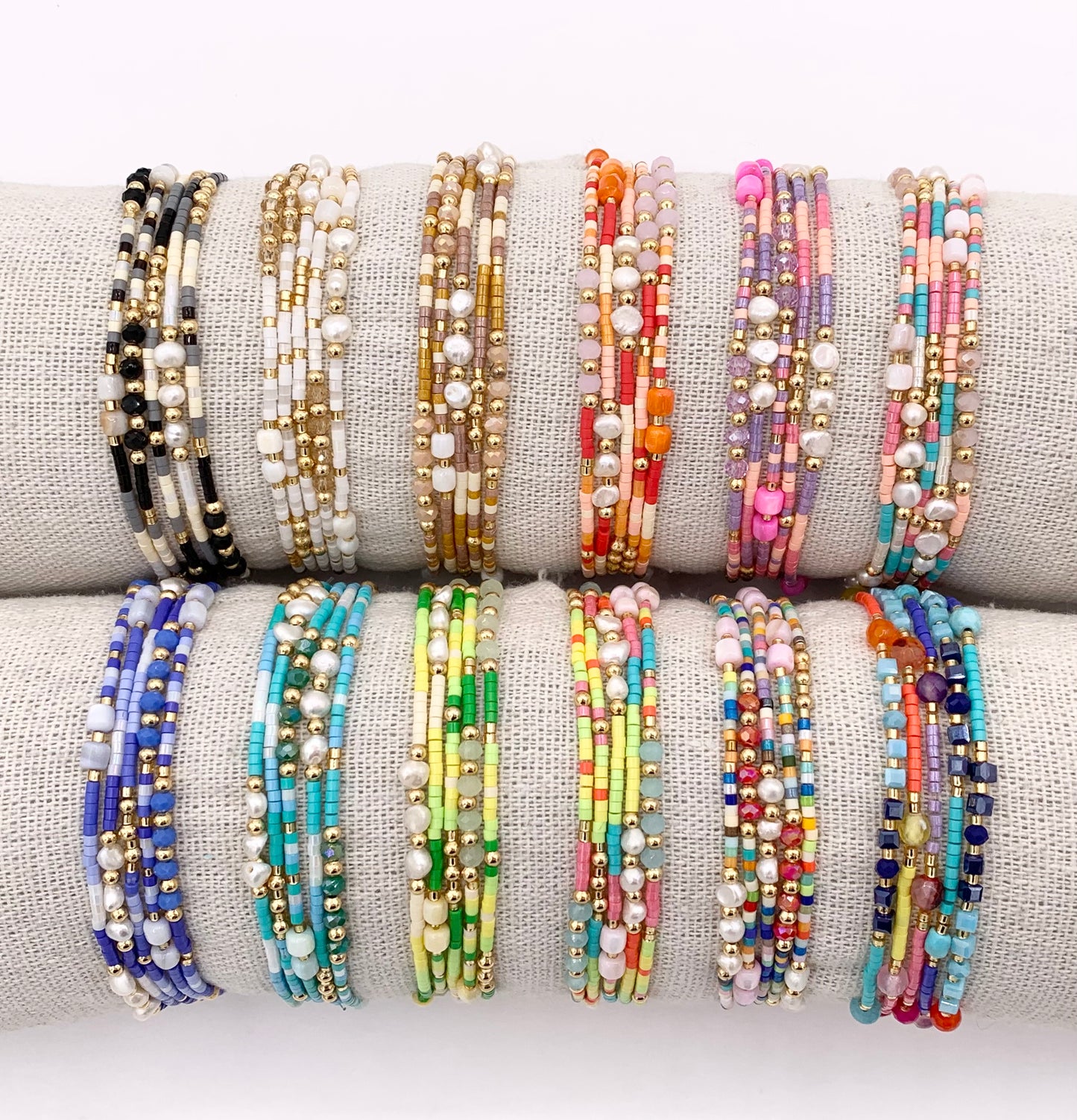 Dainty Miyuki Seed Beads Stretchy Bracelet with Freshwater Pearls & Shells 1 piece Around 6.5"