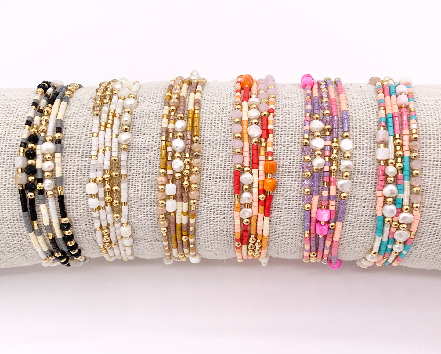Dainty Miyuki Seed Beads Stretchy Bracelet with Freshwater Pearls & Shells 1 piece Around 6.5"
