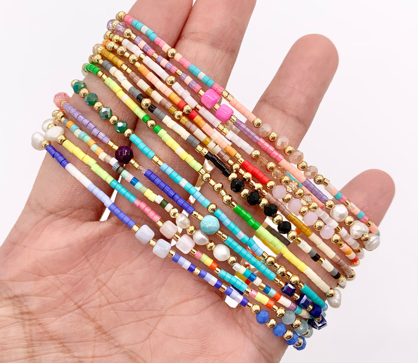 Dainty Miyuki Seed Beads Stretchy Bracelet with Freshwater Pearls & Shells 1 piece Around 6.5"