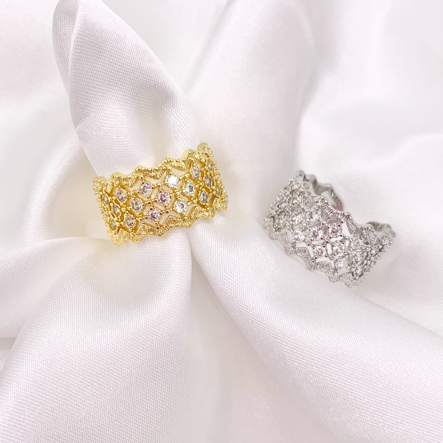 Thick CZ Pave Filigree Adjustable Ring in Real Gold/Silver 18K Plated Over Copper 4 PCS