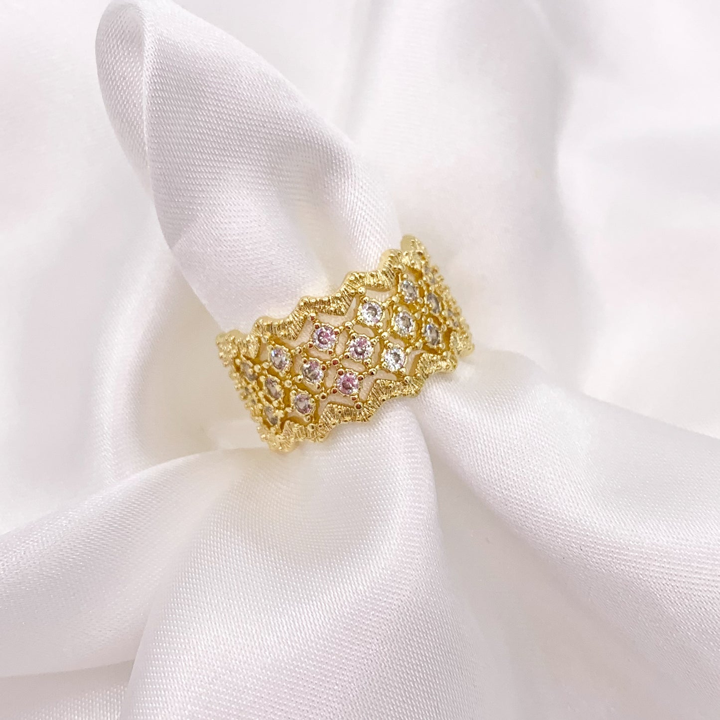 Thick CZ Pave Filigree Adjustable Ring in Real Gold/Silver 18K Plated Over Copper 4 PCS
