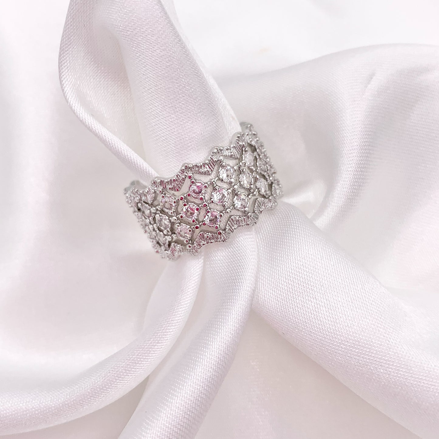 Thick CZ Pave Filigree Adjustable Ring in Real Gold/Silver 18K Plated Over Copper 4 PCS