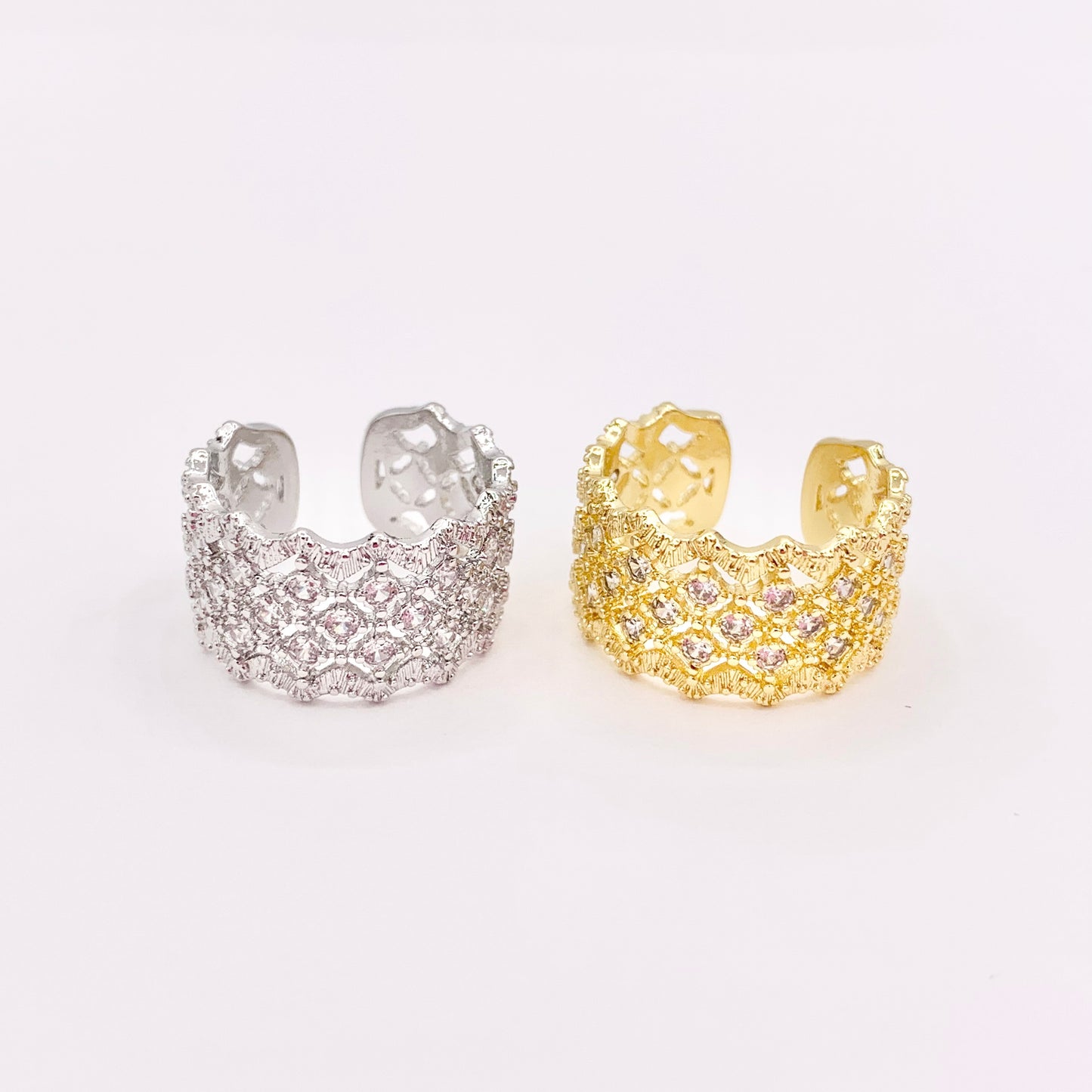 Thick CZ Pave Filigree Adjustable Ring in Real Gold/Silver 18K Plated Over Copper 4 PCS