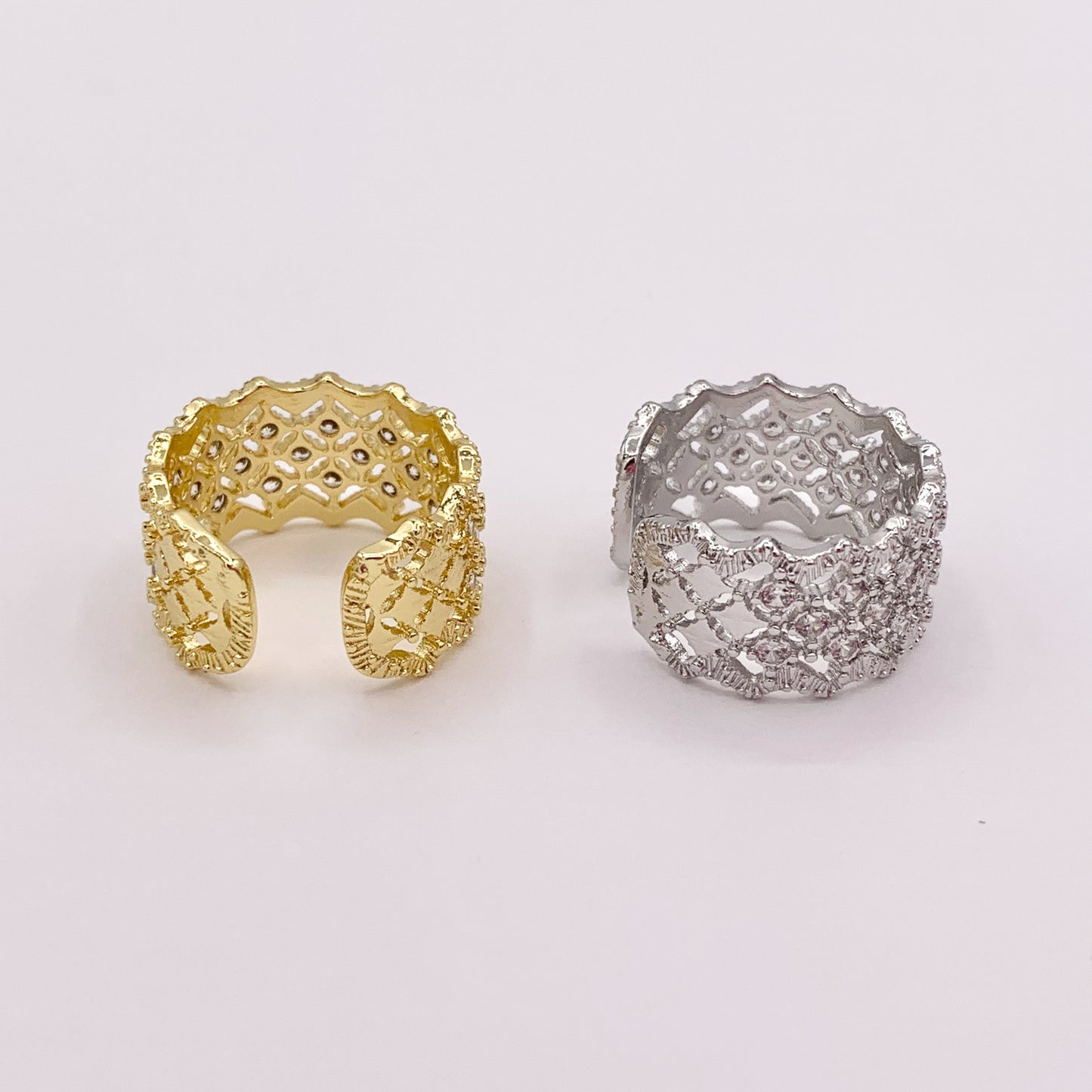 Thick CZ Pave Filigree Adjustable Ring in Real Gold/Silver 18K Plated Over Copper 4 PCS