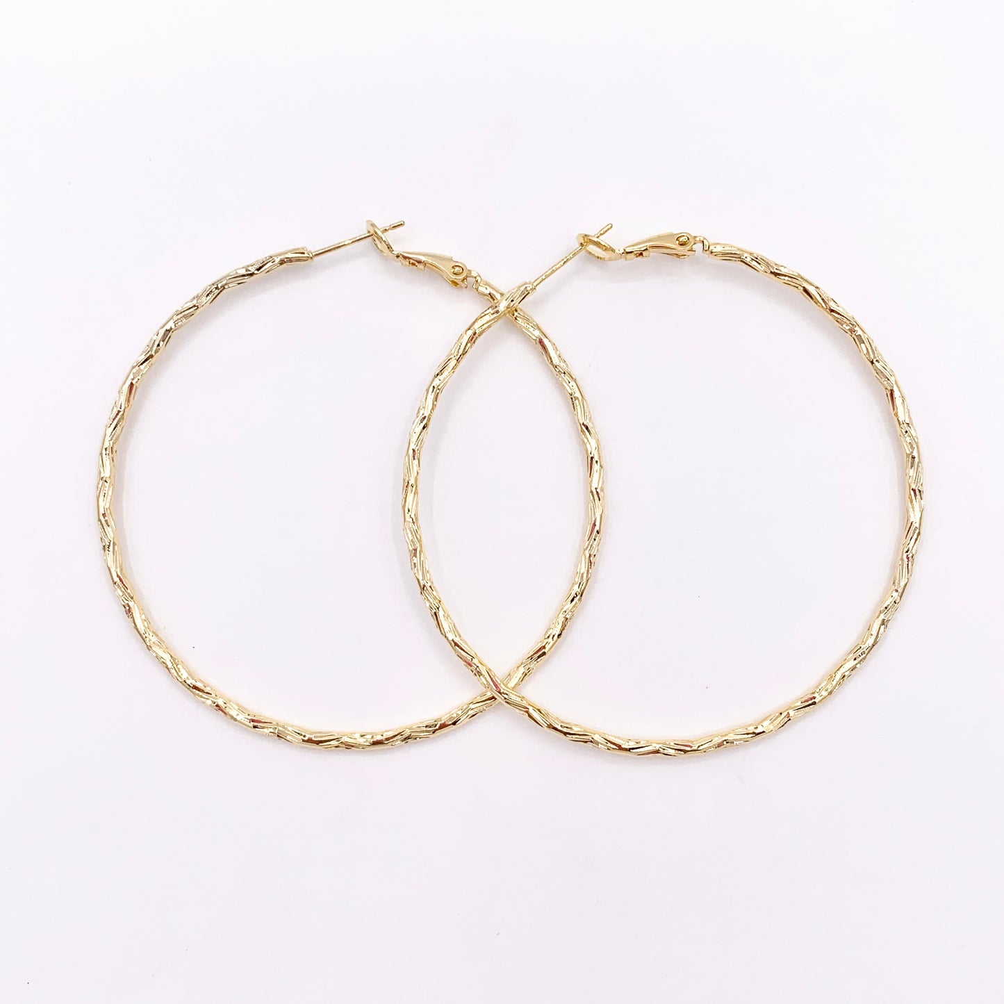 2.4" Large Gold Textured Earring Hoops in 18K Gold Plated Over Copper 3 PAIRS
