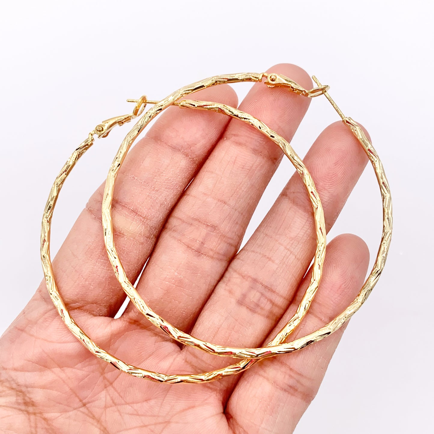 2.4" Large Gold Textured Earring Hoops in 18K Gold Plated Over Copper 3 PAIRS