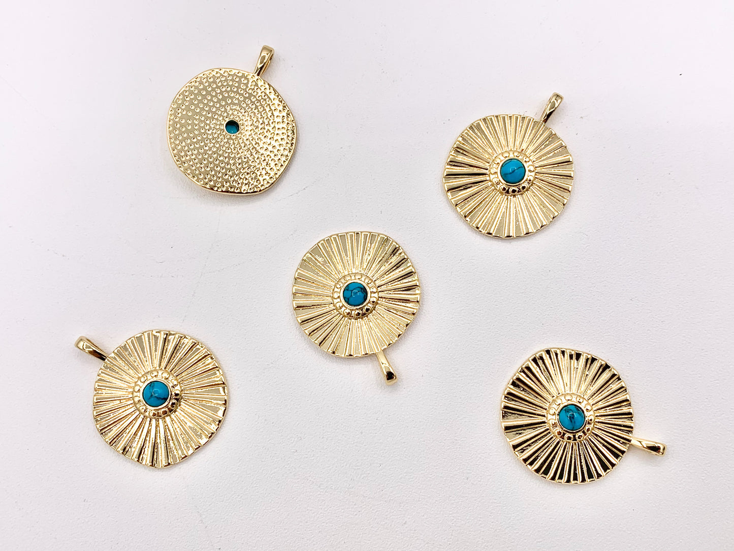 Gold Coin Pendant Charms Turquoise Howlite Center in 18K Gold Plated Copper 8 PCS