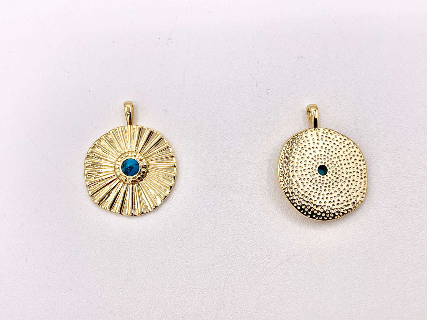 Gold Coin Pendant Charms Turquoise Howlite Center in 18K Gold Plated Copper 8 PCS