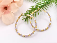 Load image into Gallery viewer, Purple Pearl + Etched Gold Beads Beaded Earring Hoop in Real Gold 18K Over Copper 3 PAIRS
