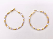 Load image into Gallery viewer, Purple Pearl + Etched Gold Beads Beaded Earring Hoop in Real Gold 18K Over Copper 3 PAIRS
