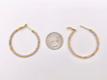 Load image into Gallery viewer, Purple Pearl + Etched Gold Beads Beaded Earring Hoop in Real Gold 18K Over Copper 3 PAIRS
