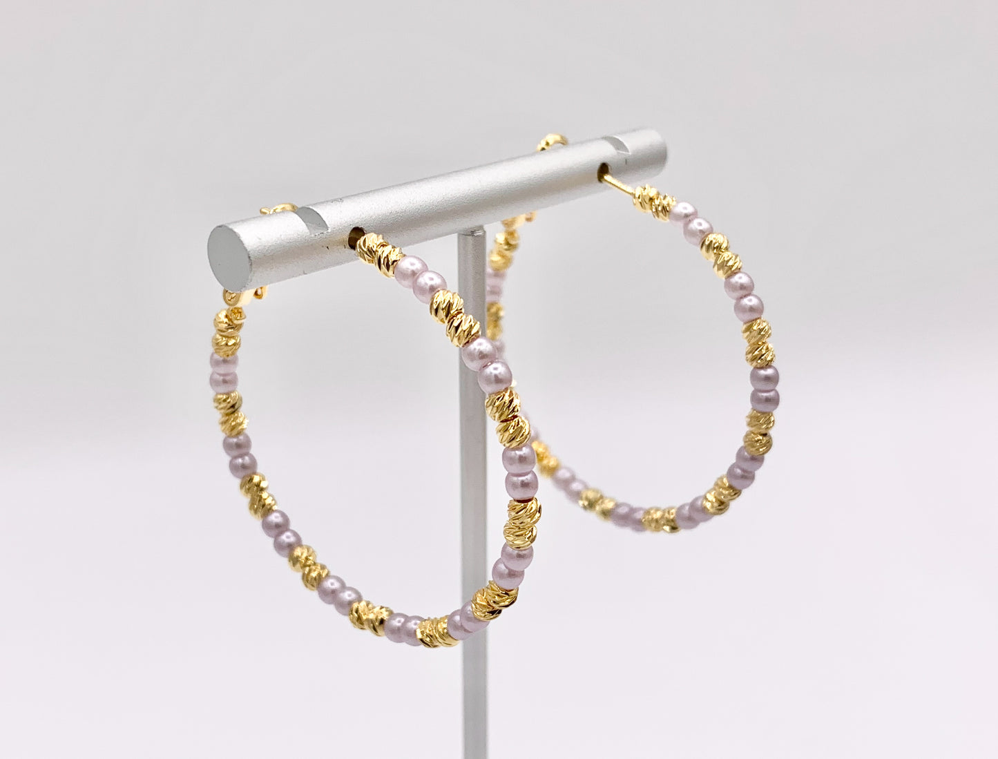 Purple Pearl + Etched Gold Beads Beaded Earring Hoop in Real Gold 18K Over Copper 3 PAIRS