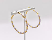 Load image into Gallery viewer, Purple Pearl + Etched Gold Beads Beaded Earring Hoop in Real Gold 18K Over Copper 3 PAIRS
