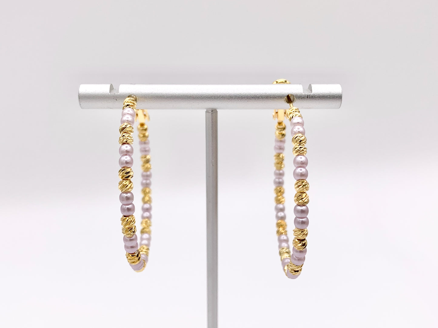 Purple Pearl + Etched Gold Beads Beaded Earring Hoop in Real Gold 18K Over Copper 3 PAIRS