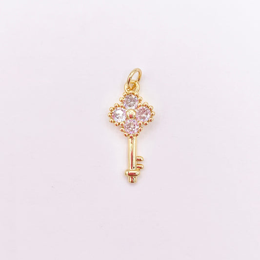 18K Real Gold Plated Micro CZ Pave Diamond Key Charm Over Copper 10 PCS