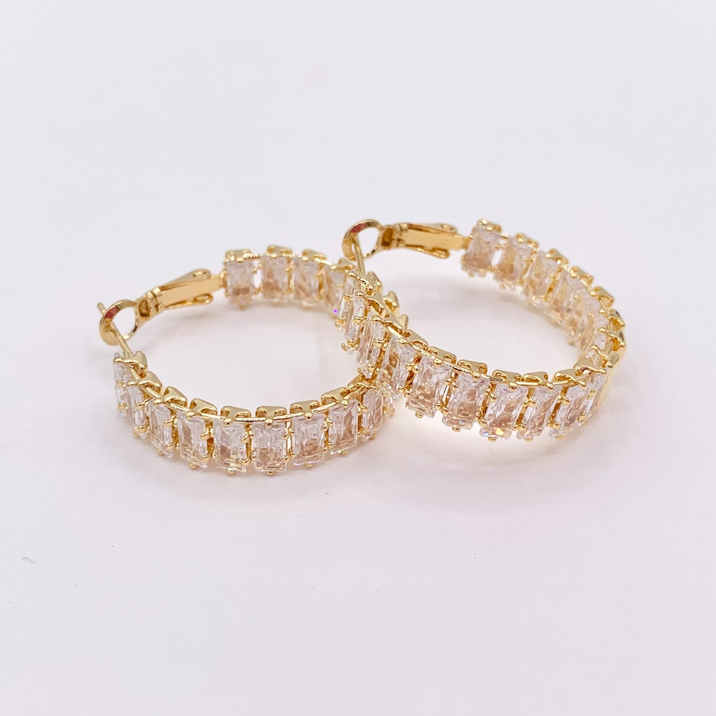 Baguette Earring Hoops in CZ Pave Real Gold 18K Over Copper 3 PAIRS
