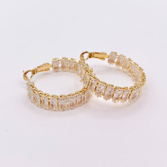 Baguette Earring Hoops in CZ Pave Real Gold 18K Over Copper 3 PAIRS