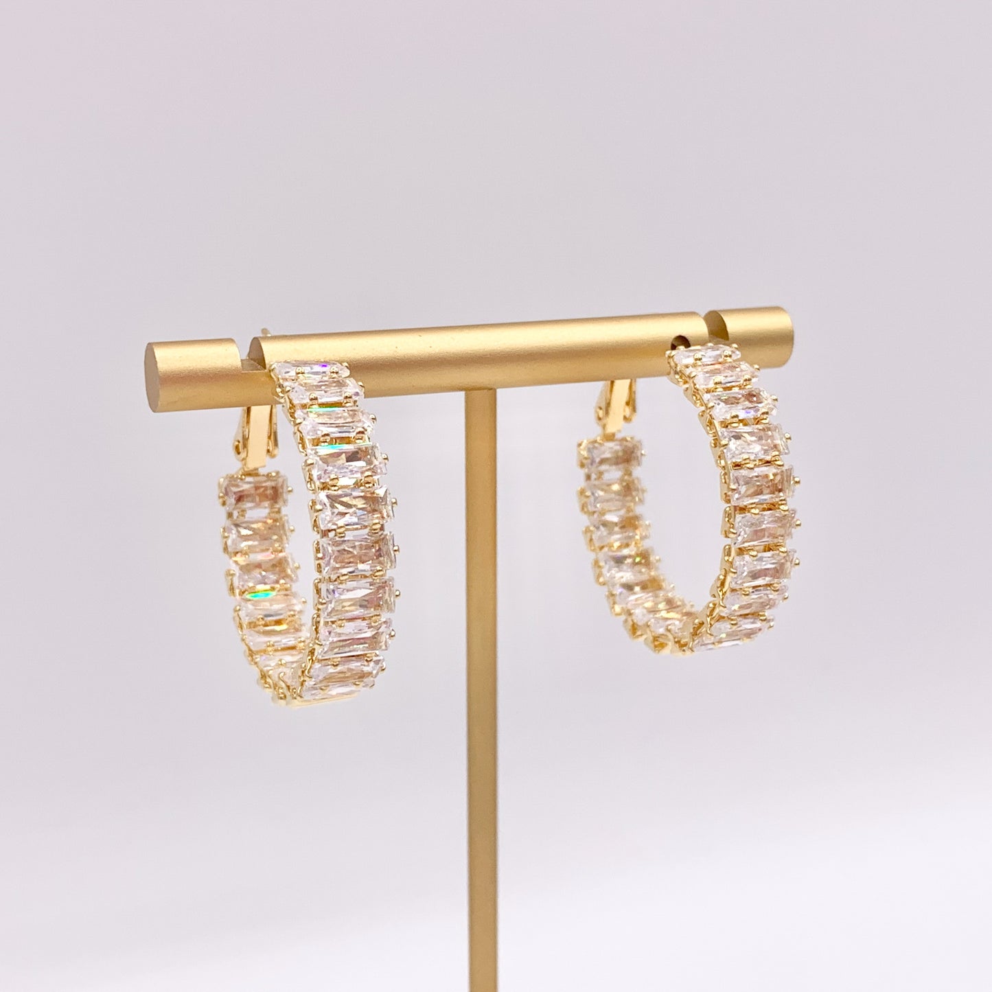 Baguette Earring Hoops in CZ Pave Real Gold 18K Over Copper 3 PAIRS