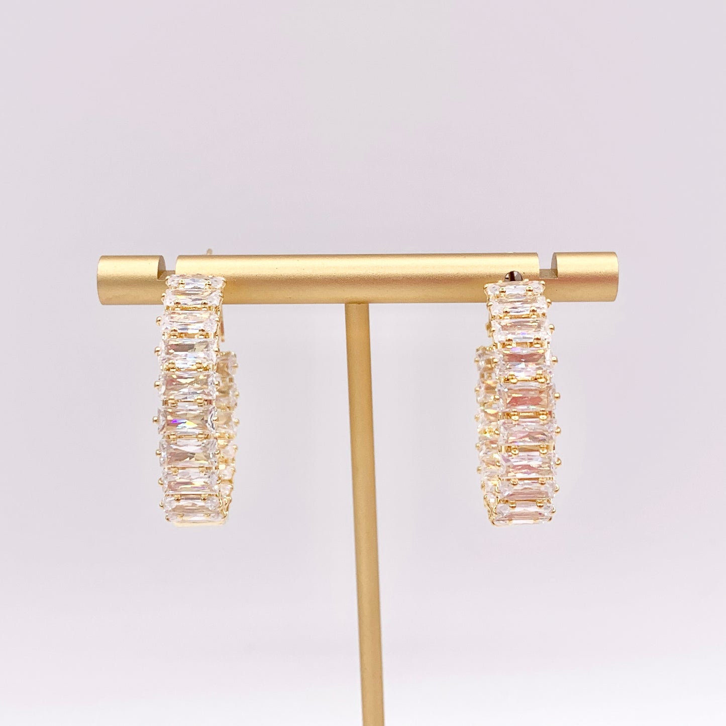 Baguette Earring Hoops in CZ Pave Real Gold 18K Over Copper 3 PAIRS