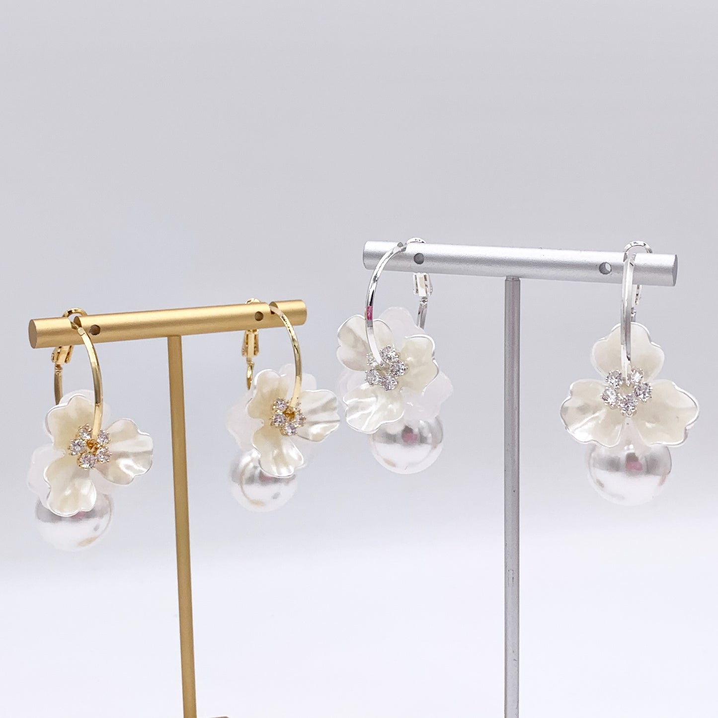 Shell Flower CZ Pave Earring Hoops with Dangle Pearl in Real 18K Gold/Silver Plated Over Copper 2 PAIRS