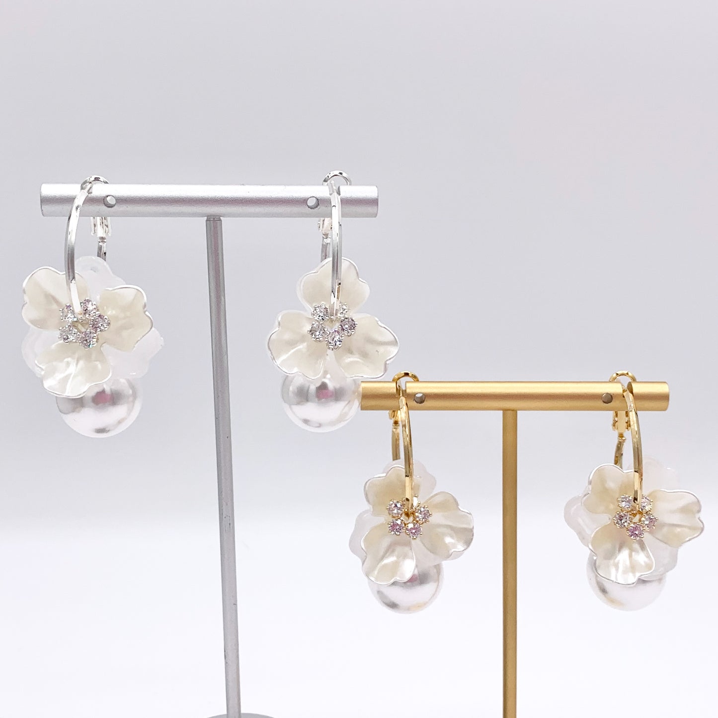 Shell Flower CZ Pave Earring Hoops with Dangle Pearl in Real 18K Gold/Silver Plated Over Copper 2 PAIRS