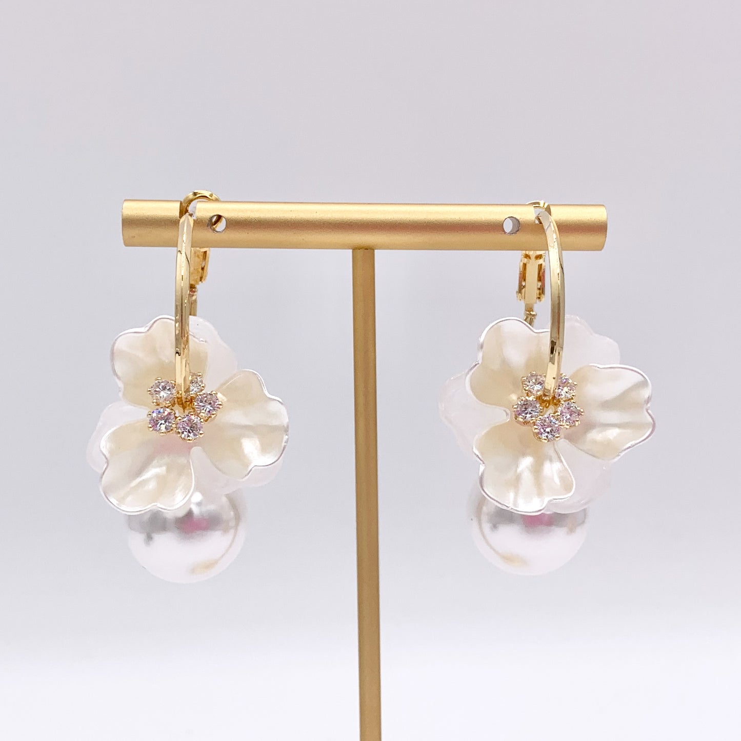 Shell Flower CZ Pave Earring Hoops with Dangle Pearl in Real 18K Gold/Silver Plated Over Copper 2 PAIRS