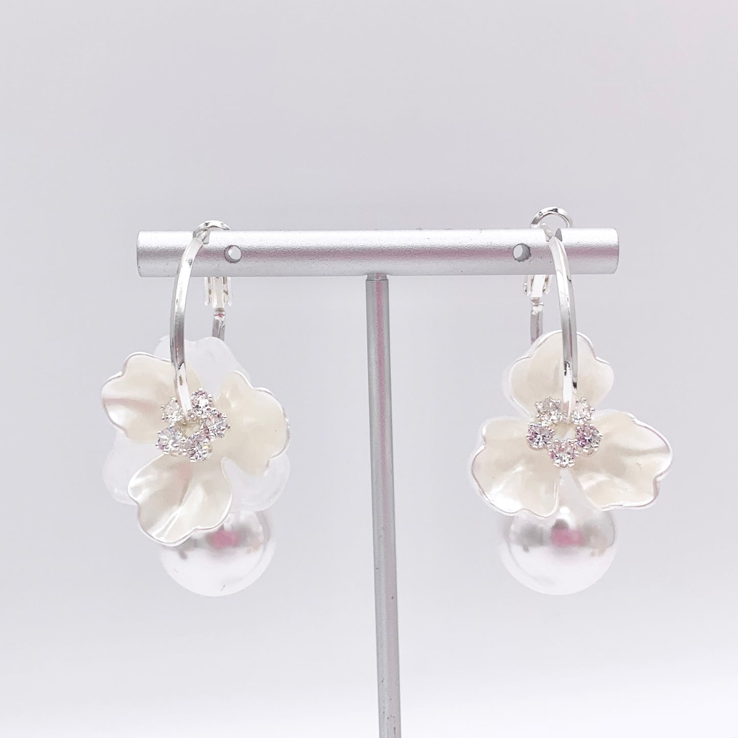 Shell Flower CZ Pave Earring Hoops with Dangle Pearl in Real 18K Gold/Silver Plated Over Copper 2 PAIRS